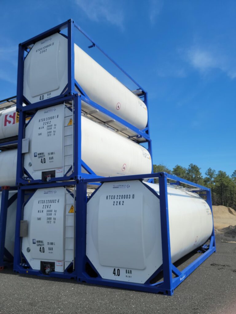 Isotanks stacked in place